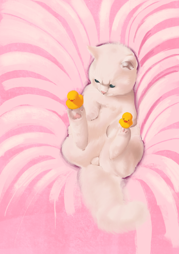 Illustration d'un chaton blanc un peu ronchon, dans un décor rose. Avec des petits poussins sur les pattes arrières. Illustration inspirée d'un réel instagram.